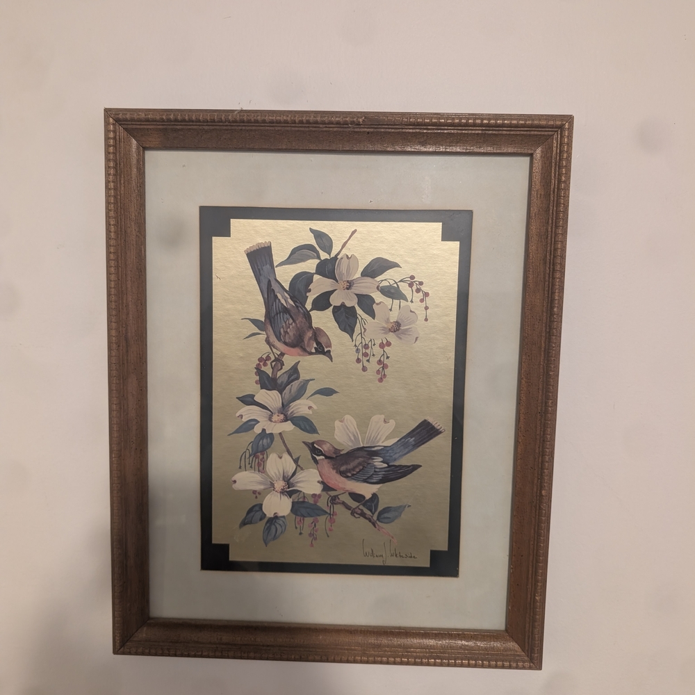 Framed Bird Botanical Art Print - Blue & Brown Tones